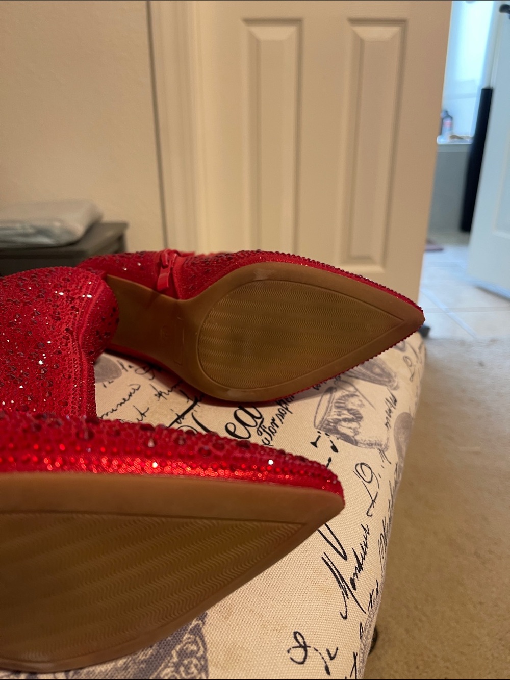 Red Crystal-Studded Pointed Ankle Boots - Picture 3 of 5